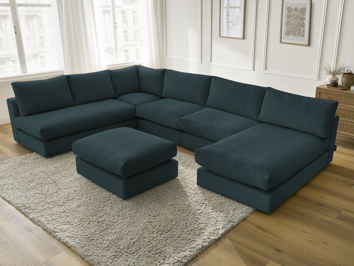 Canapé d'angle modulable PARIS velours côtelé avec 3 chauffeuses, 1 méridienne, 1 angle, et 1 pouf