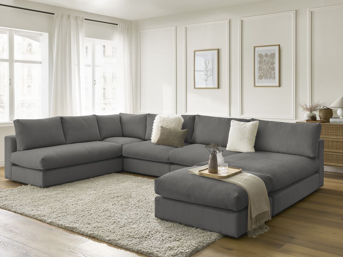 Canapé d'angle modulable PARIS velours côtelé avec 3 chauffeuses, 1 méridienne, 1 angle, et 1 pouf