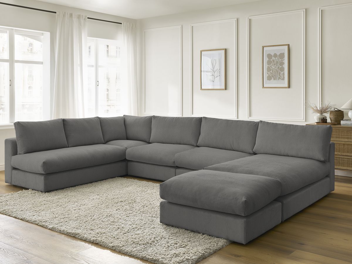 Canapé d'angle modulable PARIS velours côtelé avec 3 chauffeuses, 1 méridienne, 1 angle, et 1 pouf