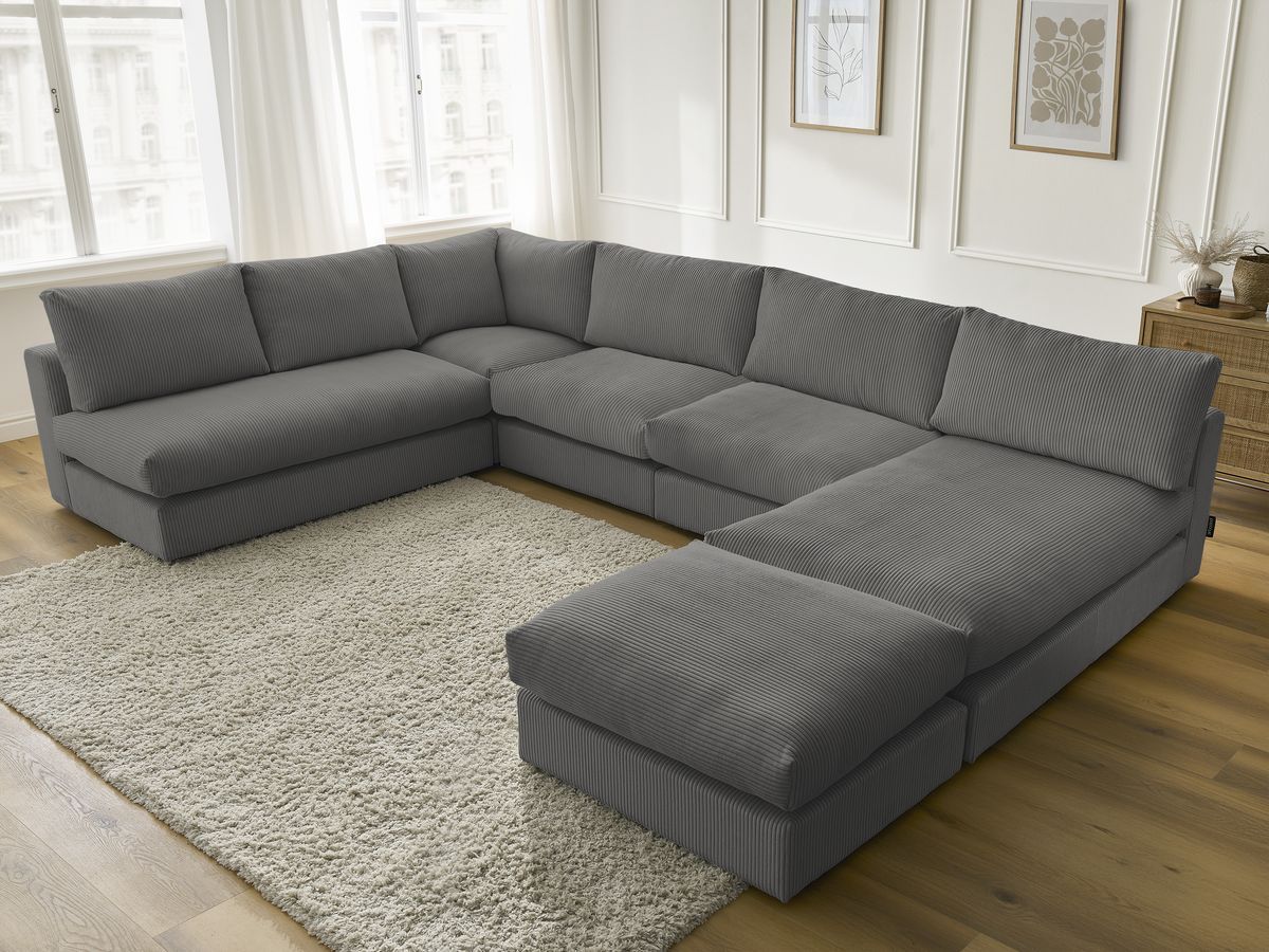 Canapé d'angle modulable PARIS velours côtelé avec 3 chauffeuses, 1 méridienne, 1 angle, et 1 pouf
