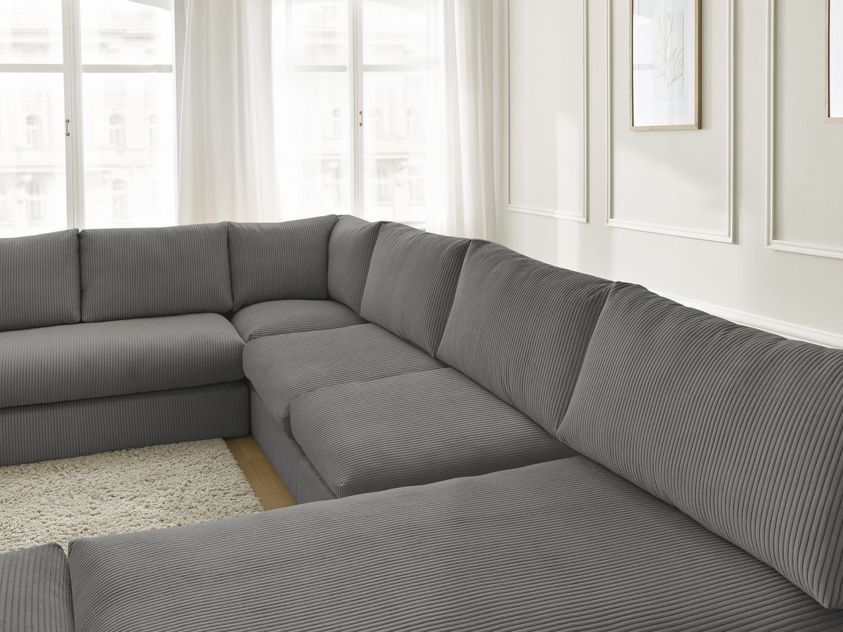 Canapé d'angle modulable PARIS velours côtelé avec 3 chauffeuses, 1 méridienne, 1 angle, et 1 pouf
