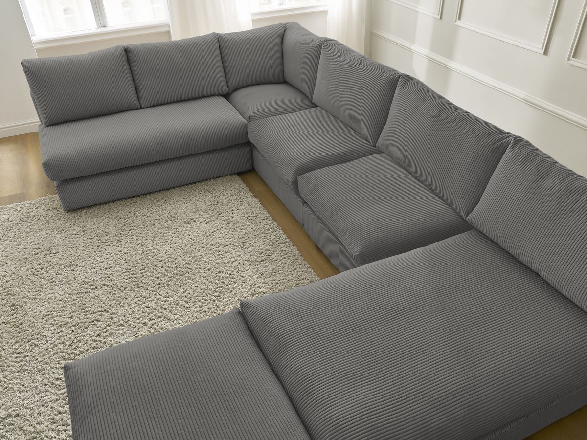 Canapé d'angle modulable PARIS velours côtelé avec 3 chauffeuses, 1 méridienne, 1 angle, et 1 pouf