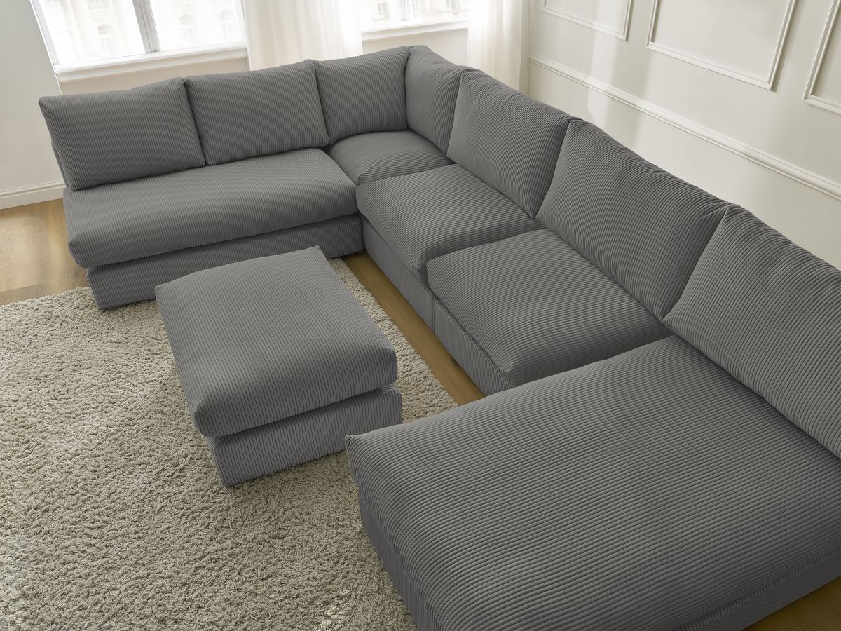Canapé d'angle modulable PARIS velours côtelé avec 3 chauffeuses, 1 méridienne, 1 angle, et 1 pouf
