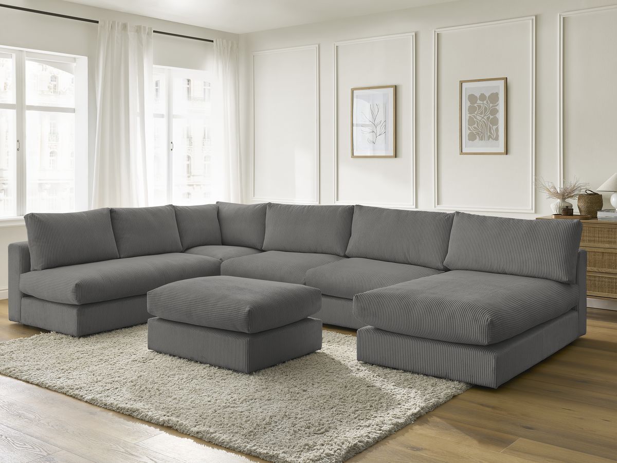 Canapé d'angle modulable PARIS velours côtelé avec 3 chauffeuses, 1 méridienne, 1 angle, et 1 pouf