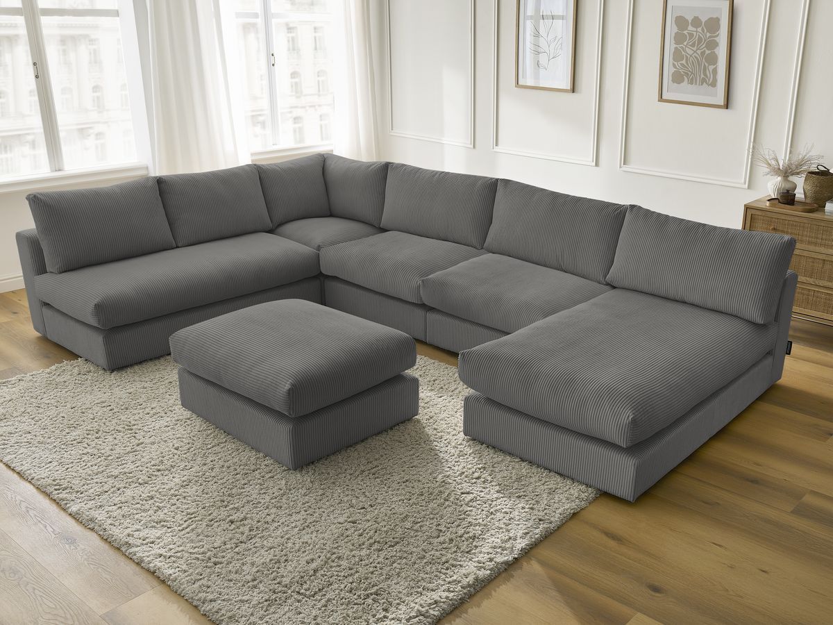 Canapé d'angle modulable PARIS velours côtelé avec 3 chauffeuses, 1 méridienne, 1 angle, et 1 pouf