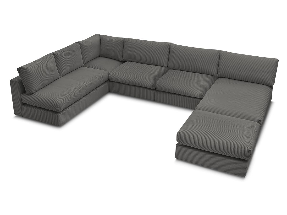Canapé d'angle modulable PARIS velours côtelé avec 3 chauffeuses, 1 méridienne, 1 angle, et 1 pouf