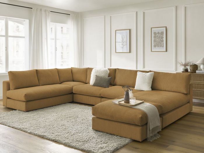 Canapé d'angle modulable PARIS velours côtelé avec 3 chauffeuses, 1 méridienne, 1 angle, et 1 pouf