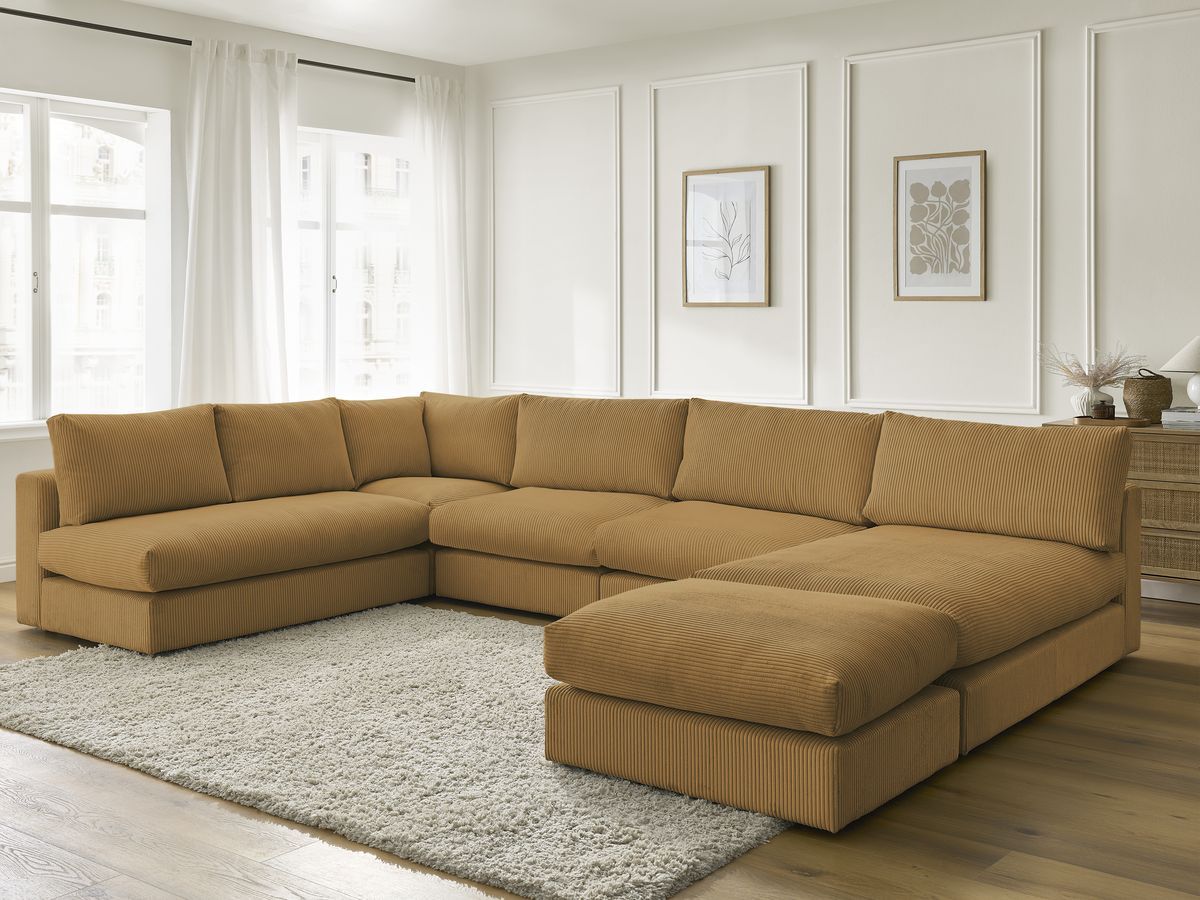Canapé d'angle modulable PARIS velours côtelé avec 3 chauffeuses, 1 méridienne, 1 angle, et 1 pouf