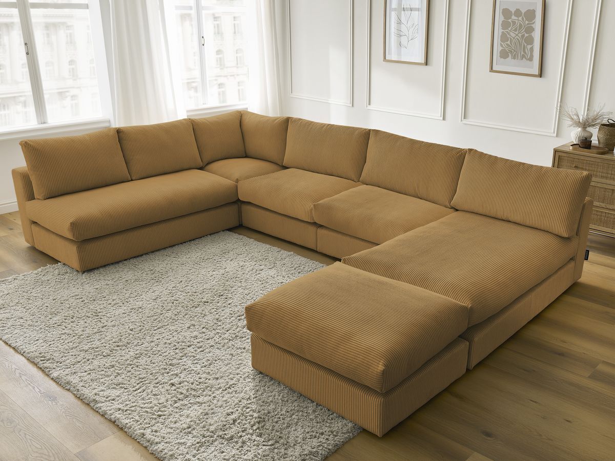 Canapé d'angle modulable PARIS velours côtelé avec 3 chauffeuses, 1 méridienne, 1 angle, et 1 pouf