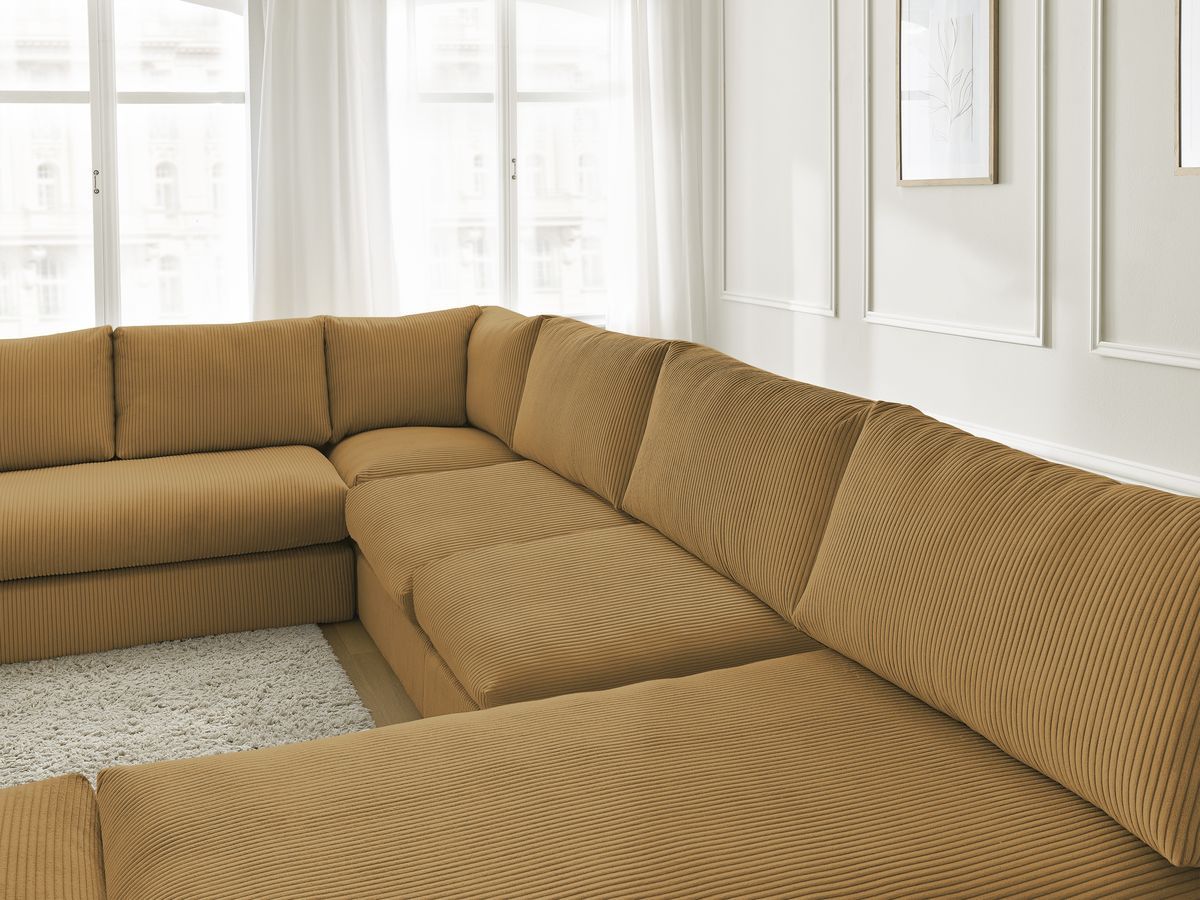 Canapé d'angle modulable PARIS velours côtelé avec 3 chauffeuses, 1 méridienne, 1 angle, et 1 pouf