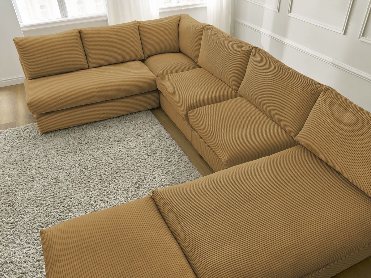 Canapé d'angle modulable PARIS velours côtelé avec 3 chauffeuses, 1 méridienne, 1 angle, et 1 pouf