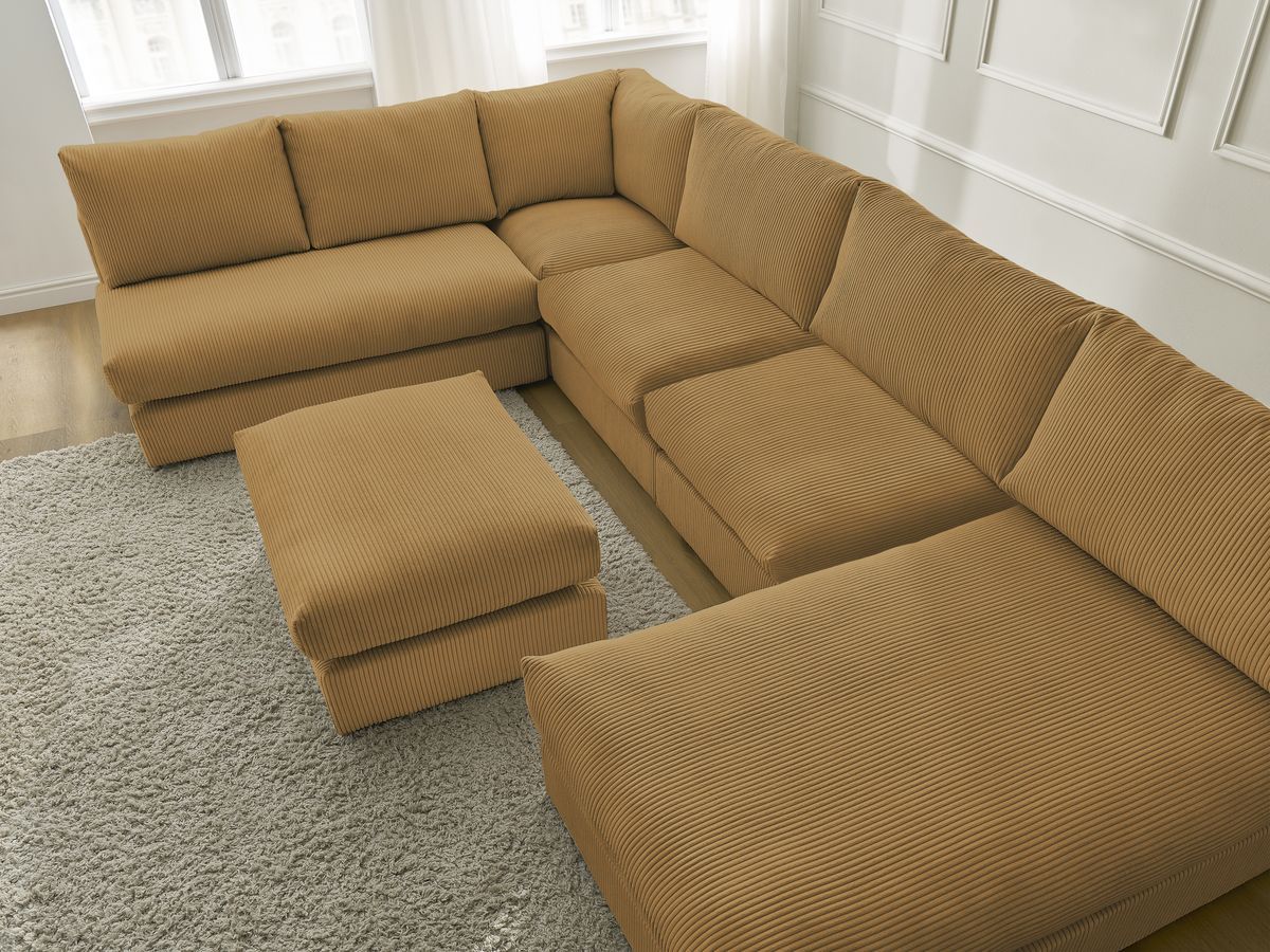 Canapé d'angle modulable PARIS velours côtelé avec 3 chauffeuses, 1 méridienne, 1 angle, et 1 pouf