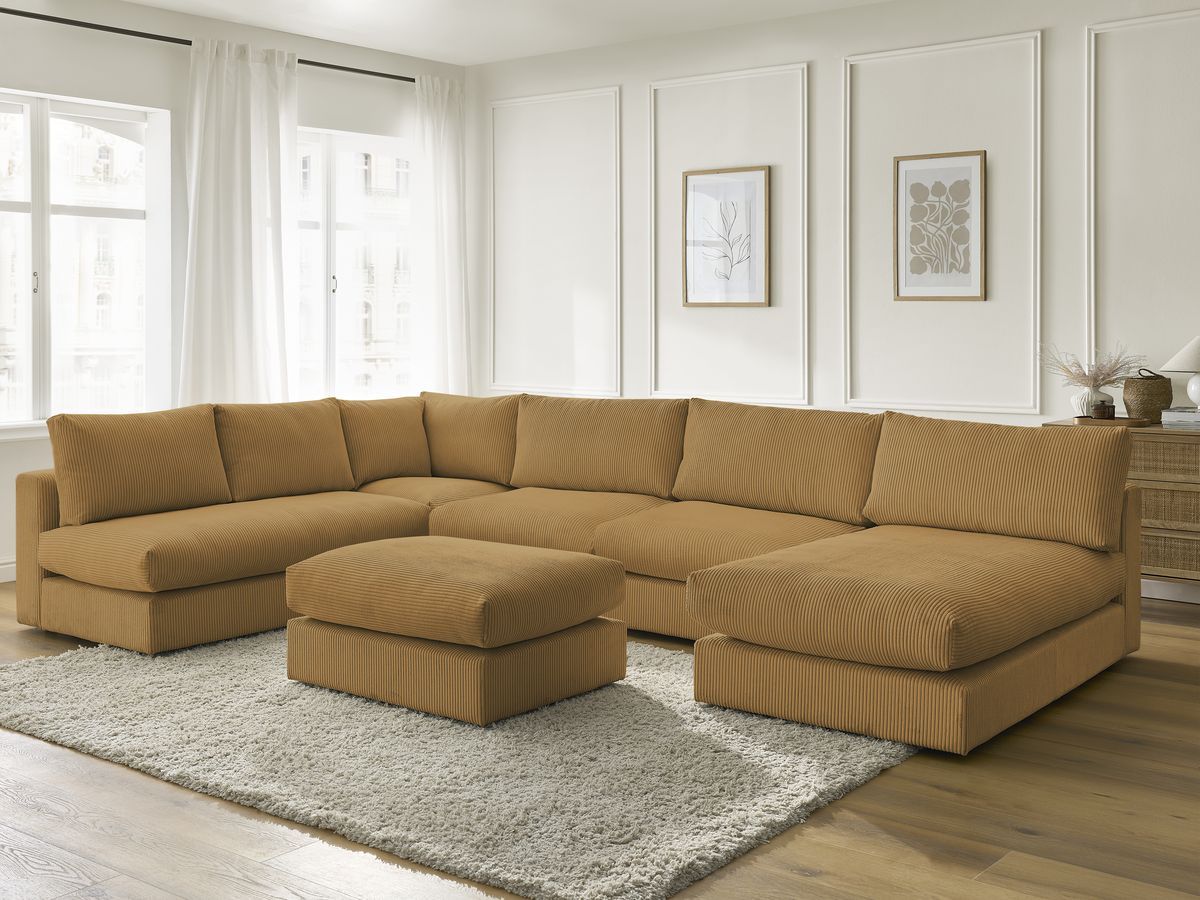 Canapé d'angle modulable PARIS velours côtelé avec 3 chauffeuses, 1 méridienne, 1 angle, et 1 pouf