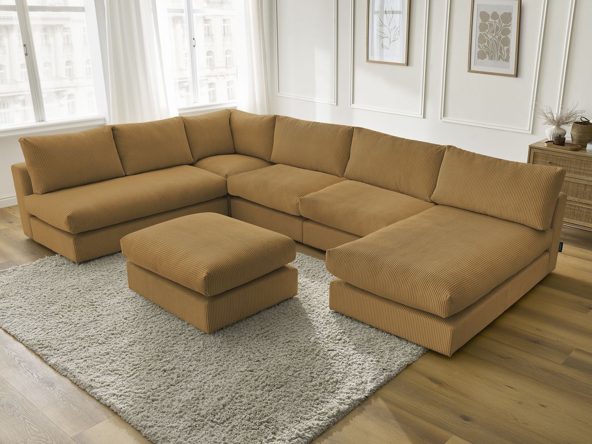 Canapé d'angle modulable PARIS velours côtelé avec 3 chauffeuses, 1 méridienne, 1 angle, et 1 pouf