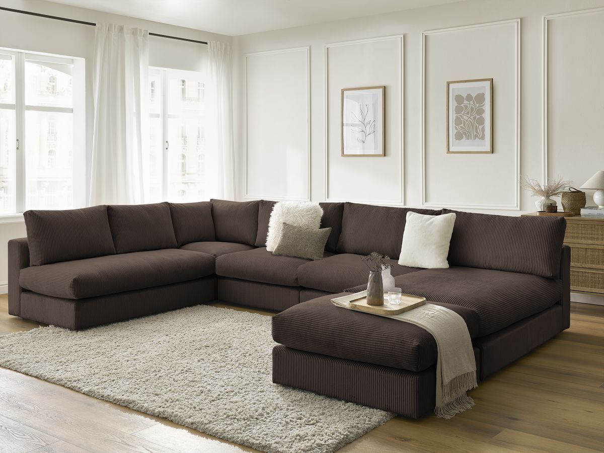 Canapé d'angle modulable PARIS velours côtelé avec 3 chauffeuses, 1 méridienne, 1 angle, et 1 pouf