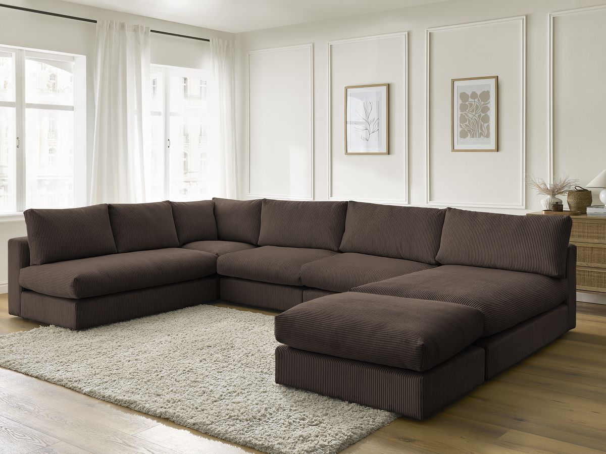 Canapé d'angle modulable PARIS velours côtelé avec 3 chauffeuses, 1 méridienne, 1 angle, et 1 pouf