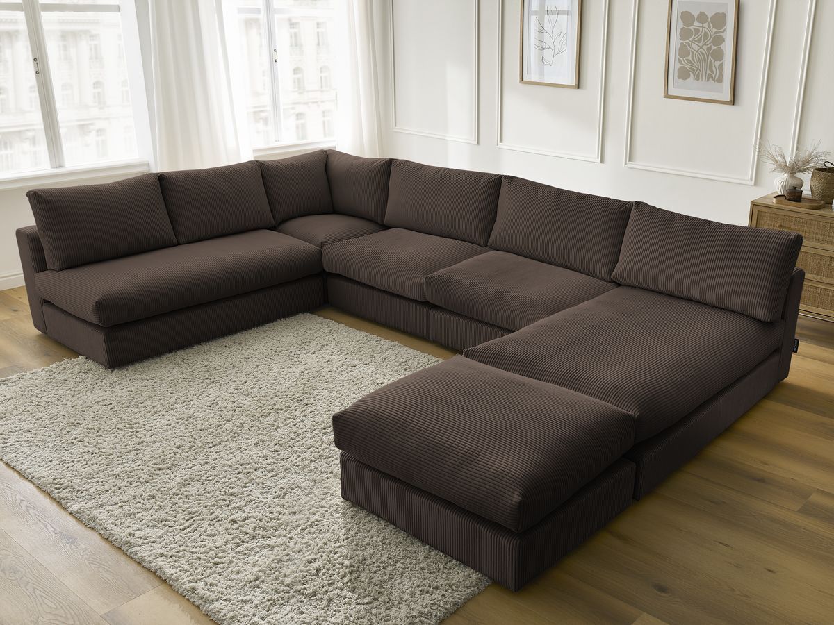 Canapé d'angle modulable PARIS velours côtelé avec 3 chauffeuses, 1 méridienne, 1 angle, et 1 pouf