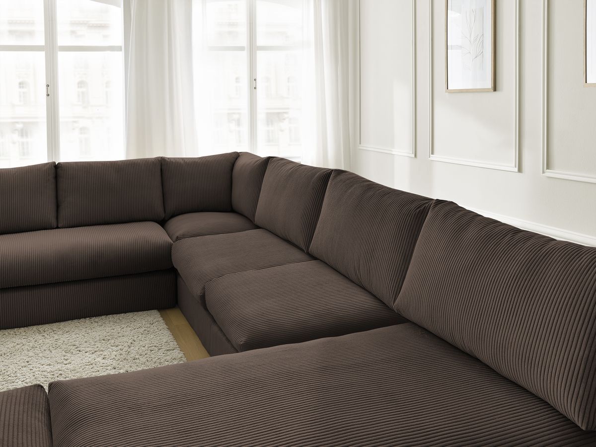 Canapé d'angle modulable PARIS velours côtelé avec 3 chauffeuses, 1 méridienne, 1 angle, et 1 pouf
