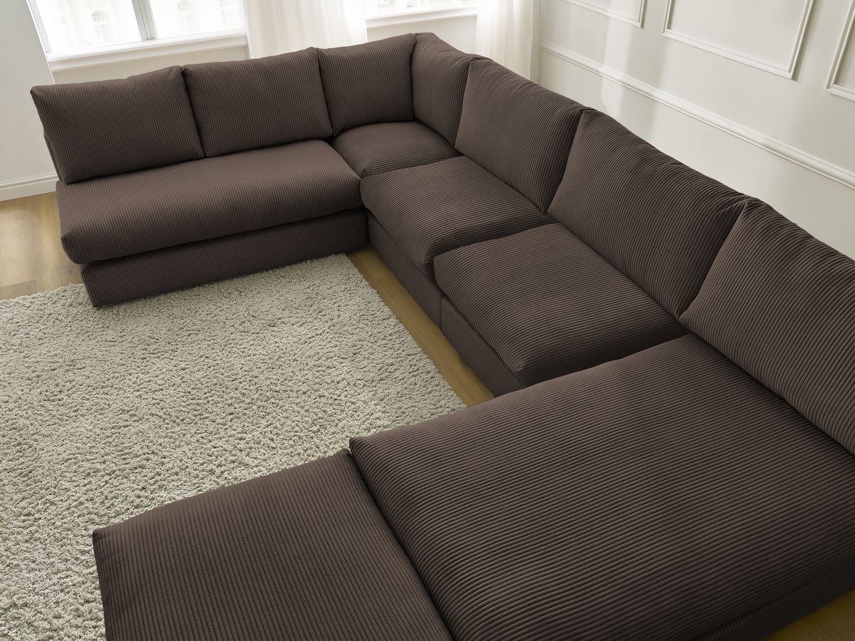 Canapé d'angle modulable PARIS velours côtelé avec 3 chauffeuses, 1 méridienne, 1 angle, et 1 pouf