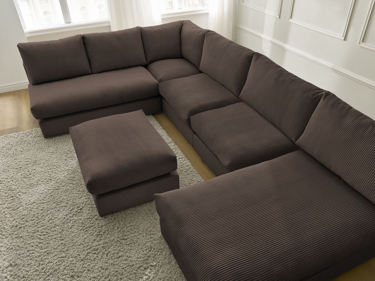Canapé d'angle modulable PARIS velours côtelé avec 3 chauffeuses, 1 méridienne, 1 angle, et 1 pouf