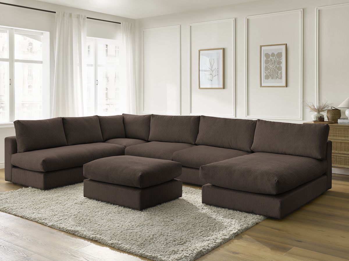 Canapé d'angle modulable PARIS velours côtelé avec 3 chauffeuses, 1 méridienne, 1 angle, et 1 pouf