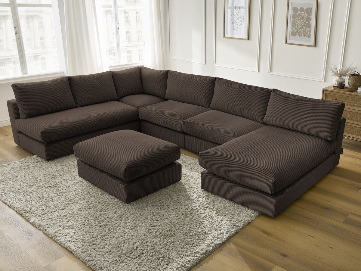 Canapé d'angle modulable PARIS velours côtelé avec 3 chauffeuses, 1 méridienne, 1 angle, et 1 pouf