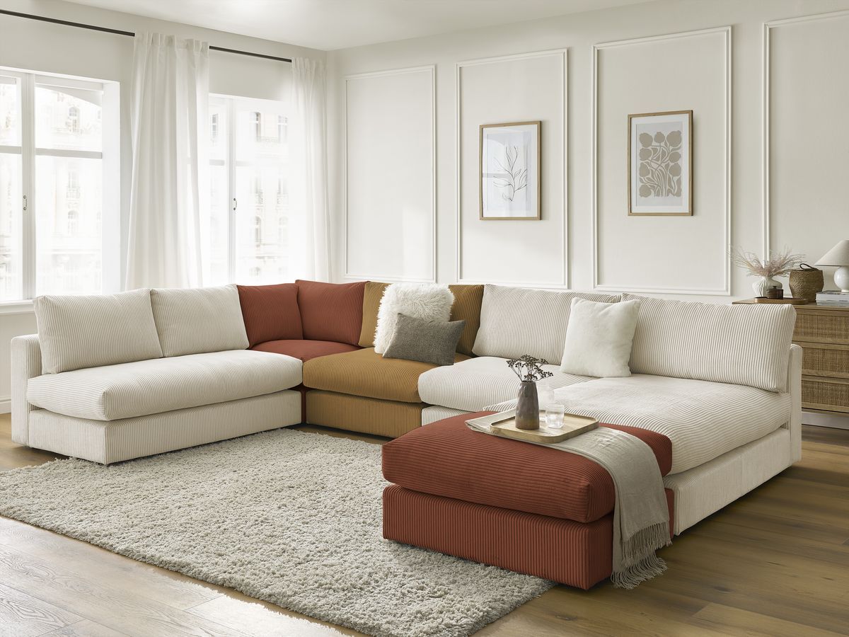 Canapé d'angle modulable PARIS velours côtelé avec 3 chauffeuses, 1 méridienne, 1 angle, et 1 pouf