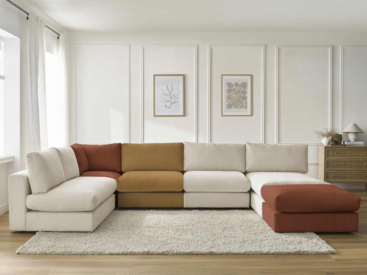 Modulaire PARIS corduroy hoekbank met 3 fauteuils, 1 chaise longue, 1 hoekbank en 1 poef