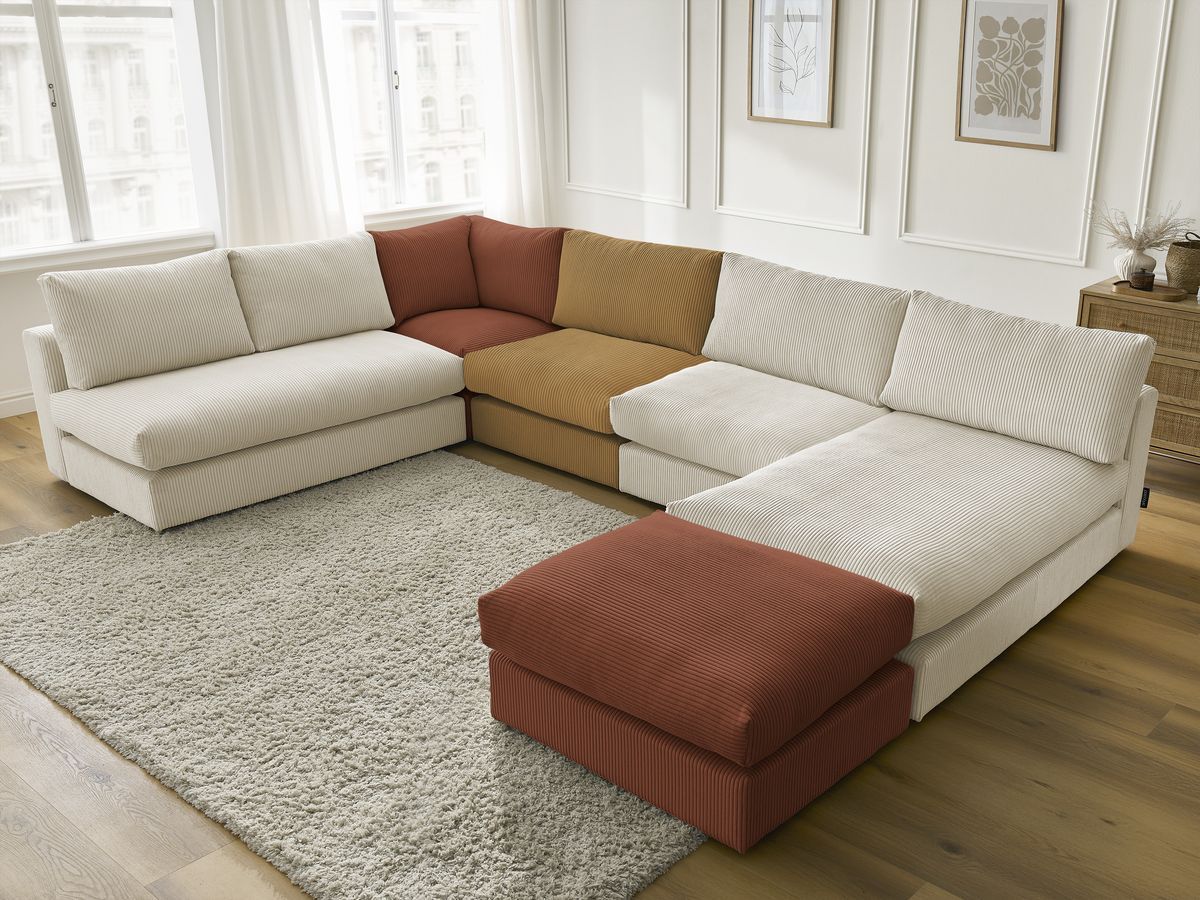 Canapé d'angle modulable PARIS velours côtelé avec 3 chauffeuses, 1 méridienne, 1 angle, et 1 pouf