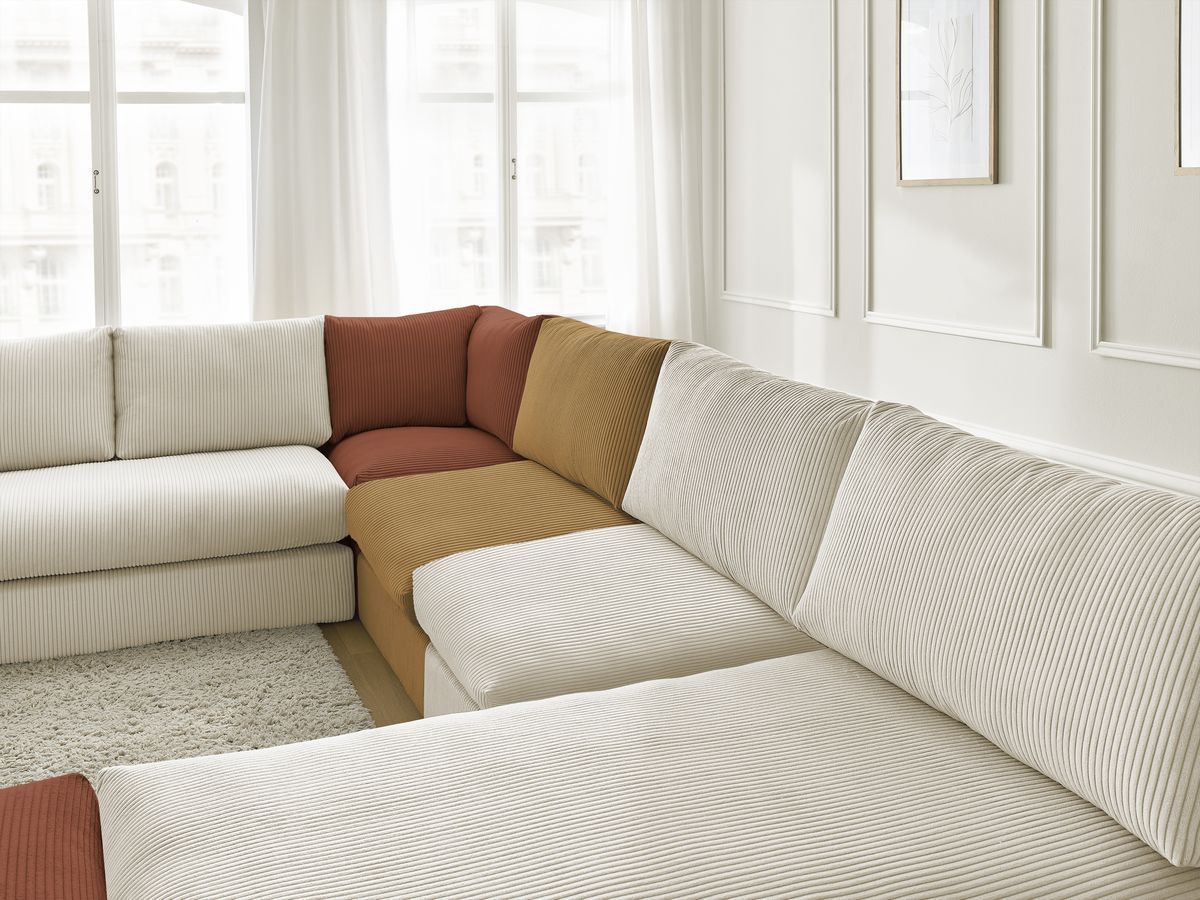 Canapé d'angle modulable PARIS velours côtelé avec 3 chauffeuses, 1 méridienne, 1 angle, et 1 pouf