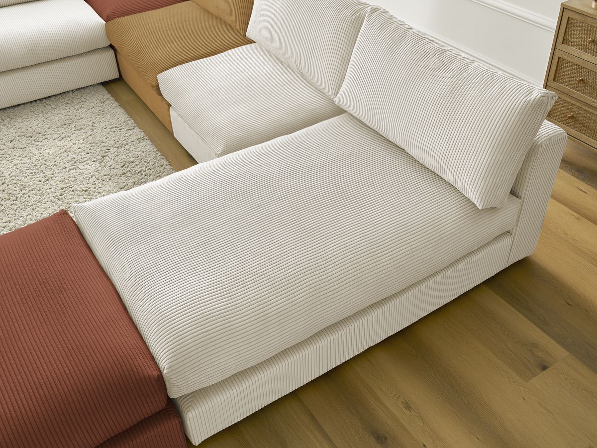 Canapé d'angle modulable PARIS velours côtelé avec 3 chauffeuses, 1 méridienne, 1 angle, et 1 pouf