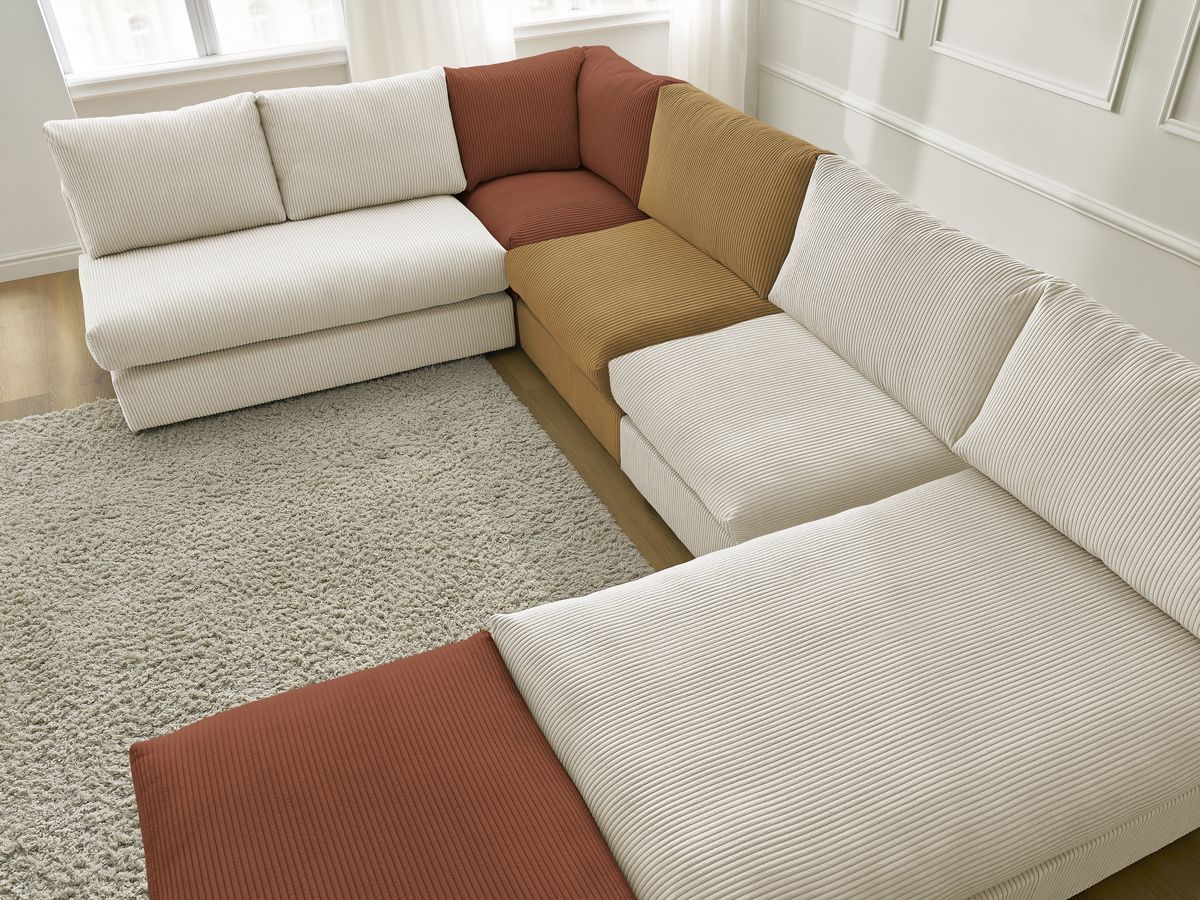 Canapé d'angle modulable PARIS velours côtelé avec 3 chauffeuses, 1 méridienne, 1 angle, et 1 pouf