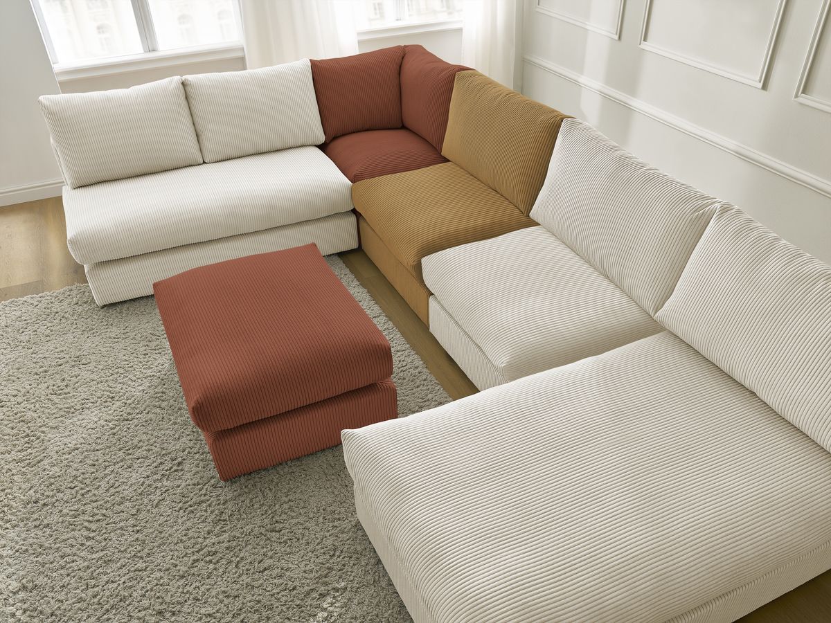 Modulaire PARIS corduroy hoekbank met 3 fauteuils, 1 chaise longue, 1 hoekbank en 1 poef