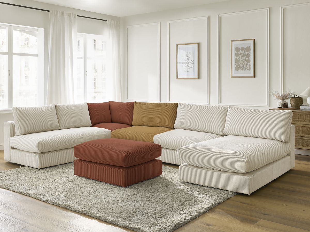Canapé d'angle modulable PARIS velours côtelé avec 3 chauffeuses, 1 méridienne, 1 angle, et 1 pouf