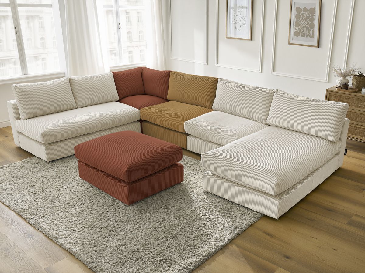 Canapé d'angle modulable PARIS velours côtelé avec 3 chauffeuses, 1 méridienne, 1 angle, et 1 pouf