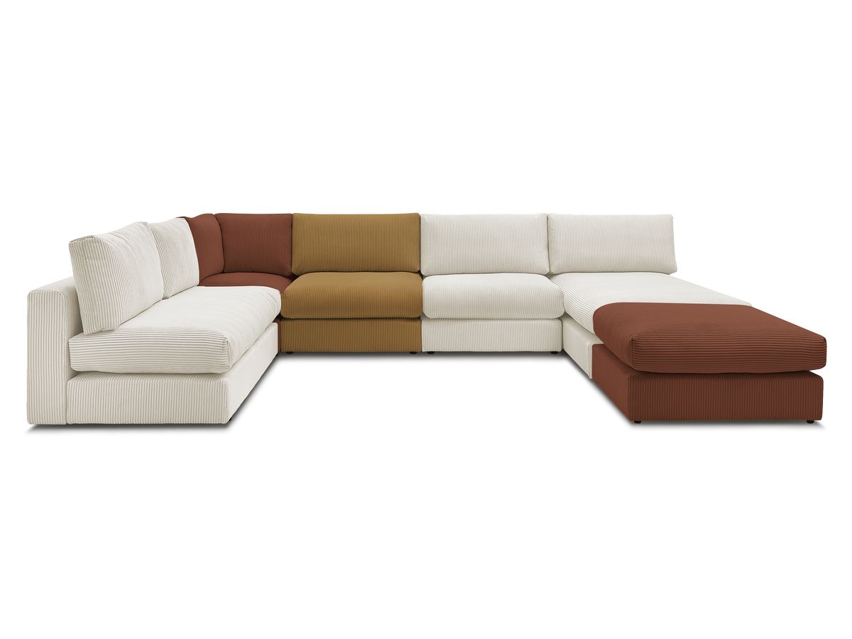 Canapé d'angle modulable PARIS velours côtelé avec 3 chauffeuses, 1 méridienne, 1 angle, et 1 pouf