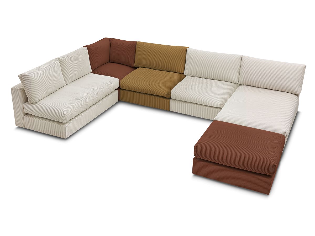 Canapé d'angle modulable PARIS velours côtelé avec 3 chauffeuses, 1 méridienne, 1 angle, et 1 pouf