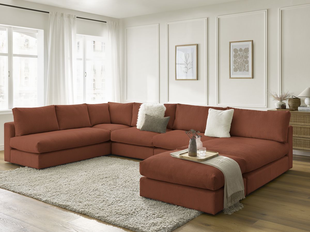 Canapé d'angle modulable PARIS velours côtelé avec 3 chauffeuses, 1 méridienne, 1 angle, et 1 pouf