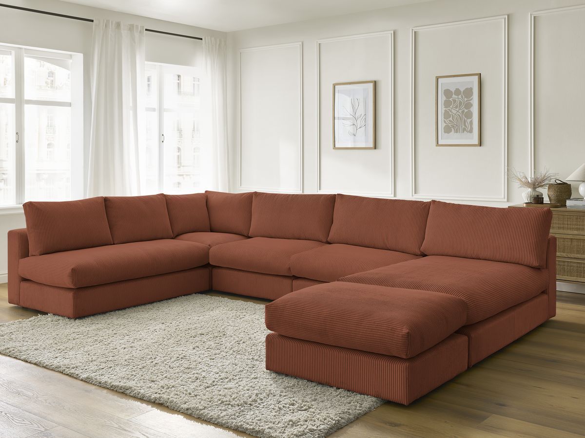 Canapé d'angle modulable PARIS velours côtelé avec 3 chauffeuses, 1 méridienne, 1 angle, et 1 pouf