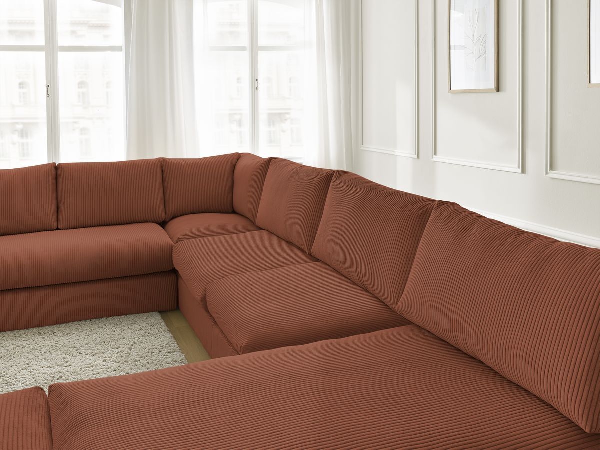 Canapé d'angle modulable PARIS velours côtelé avec 3 chauffeuses, 1 méridienne, 1 angle, et 1 pouf
