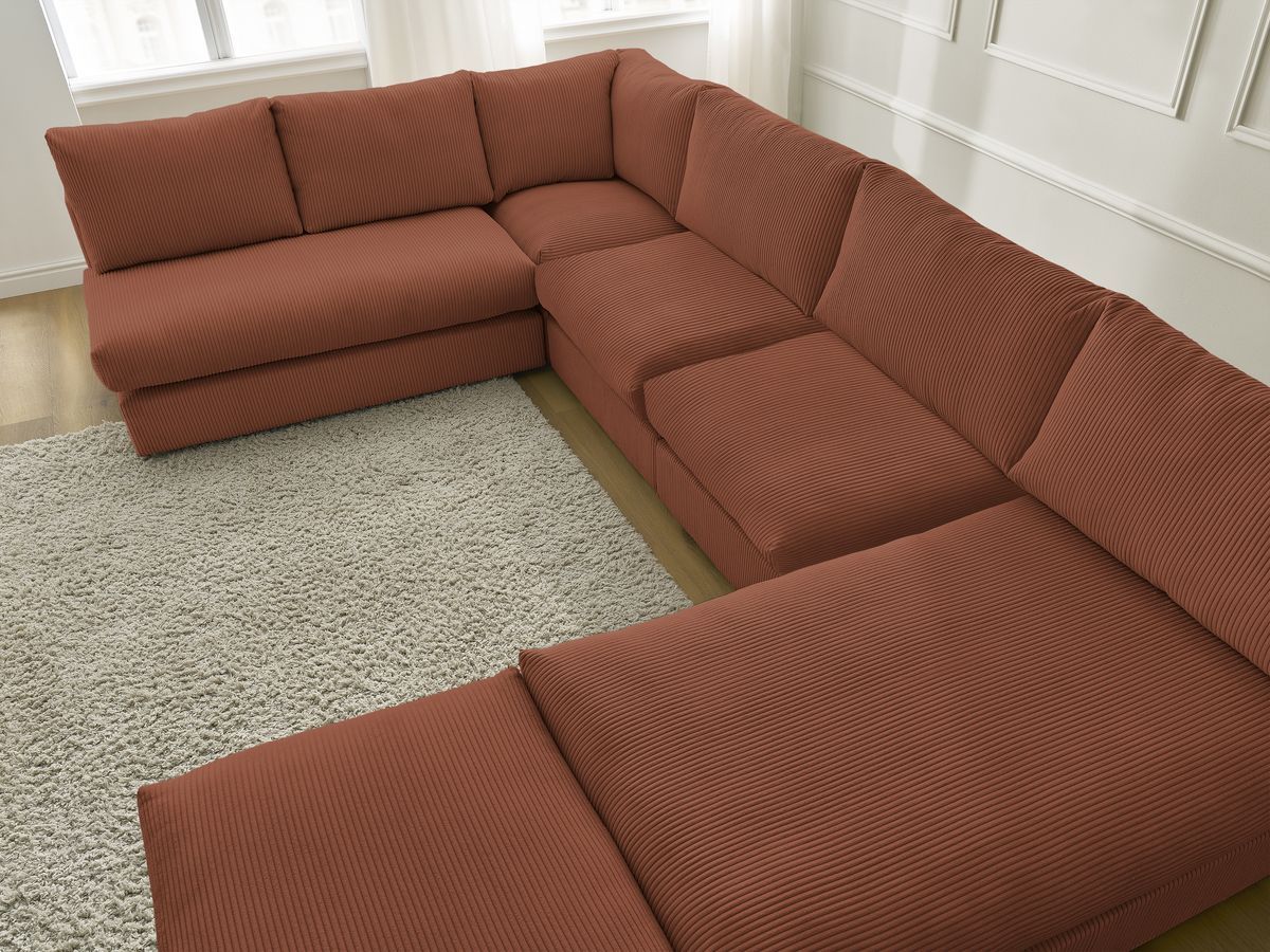 Canapé d'angle modulable PARIS velours côtelé avec 3 chauffeuses, 1 méridienne, 1 angle, et 1 pouf