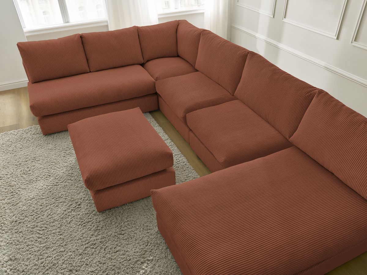 Canapé d'angle modulable PARIS velours côtelé avec 3 chauffeuses, 1 méridienne, 1 angle, et 1 pouf