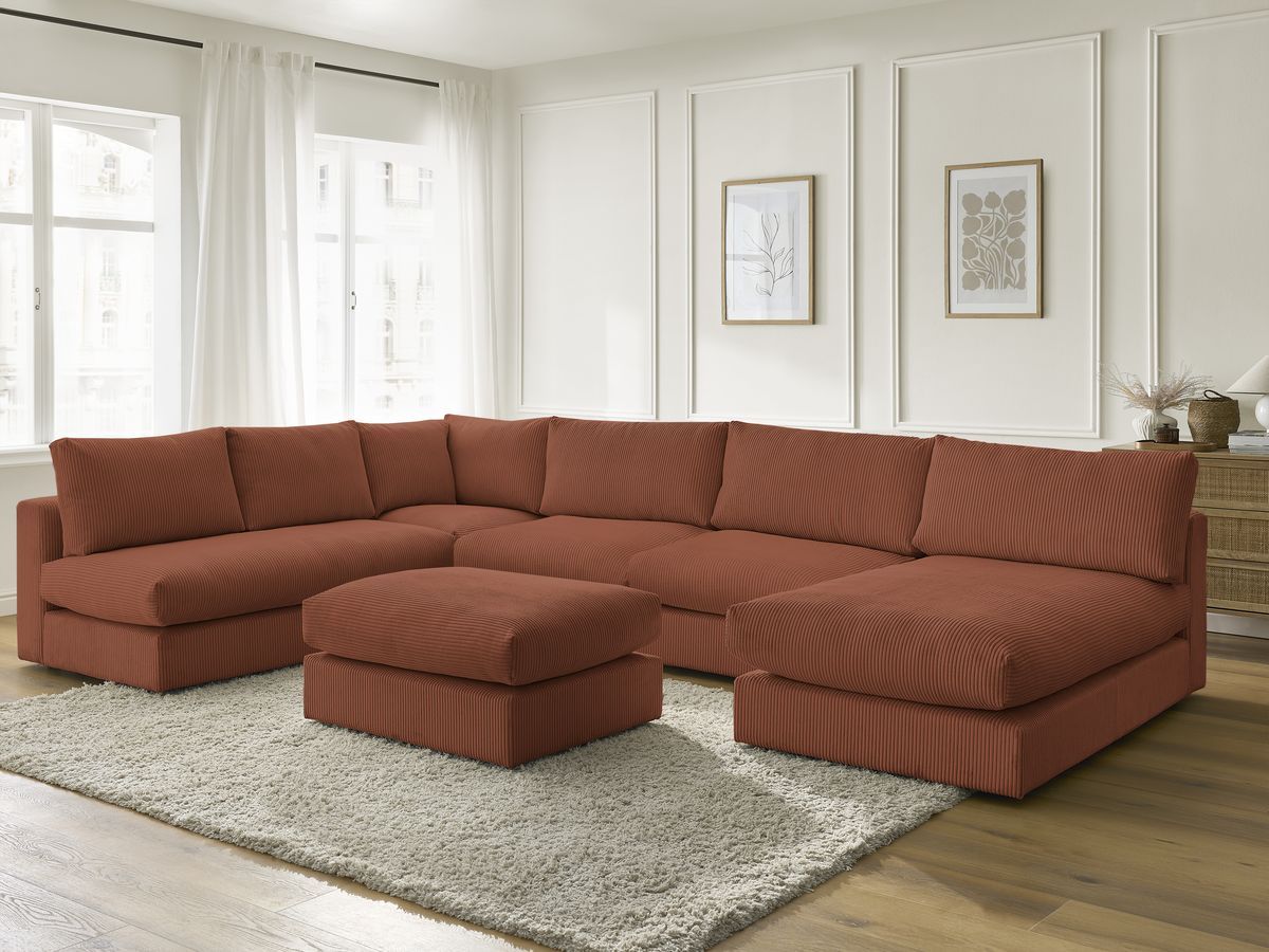 Canapé d'angle modulable PARIS velours côtelé avec 3 chauffeuses, 1 méridienne, 1 angle, et 1 pouf
