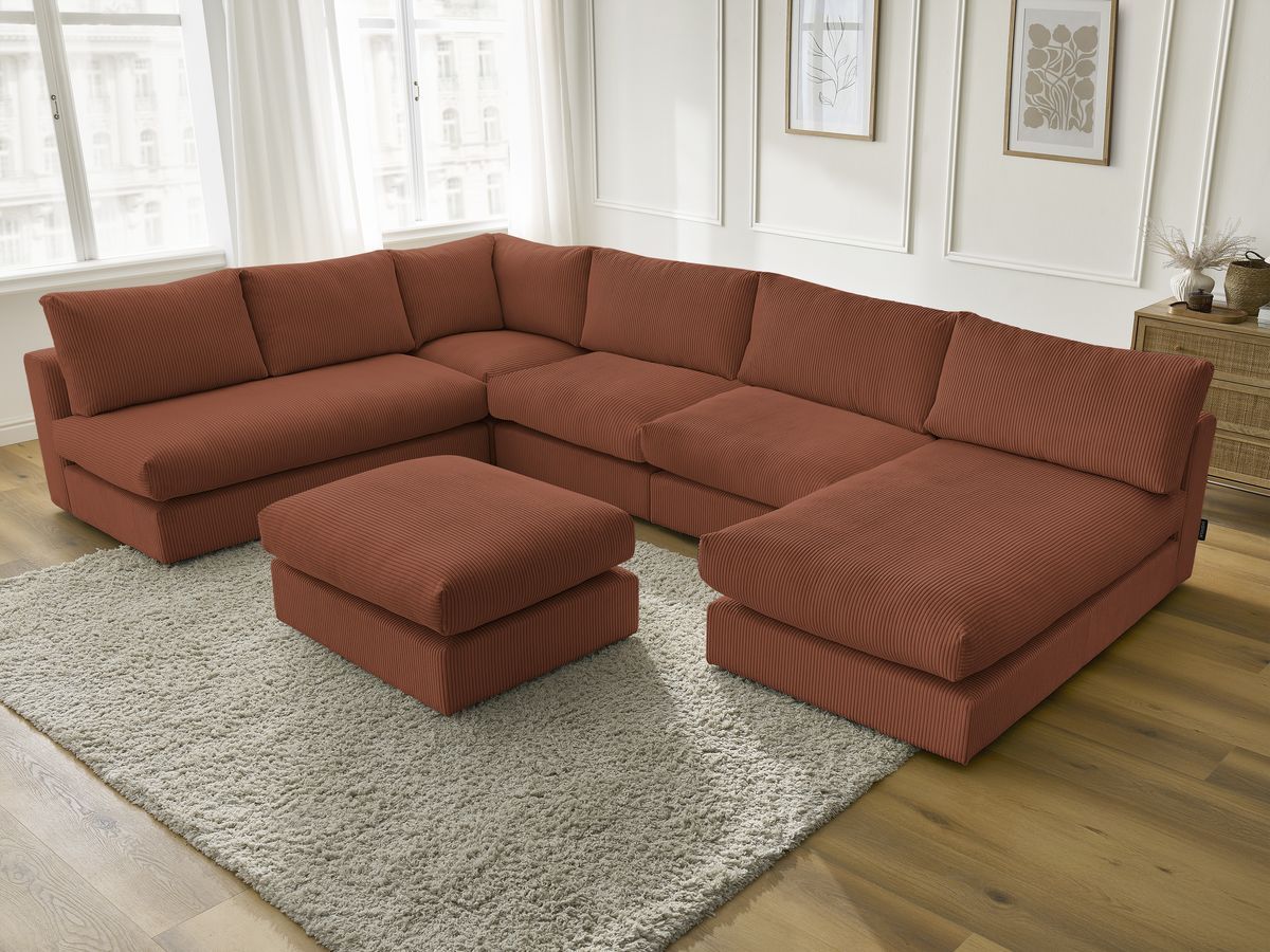 Canapé d'angle modulable PARIS velours côtelé avec 3 chauffeuses, 1 méridienne, 1 angle, et 1 pouf