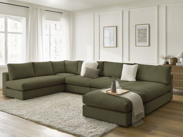 Stała sofa narożna 100% modułowa ultra miękka tkanina PARIS 3 fotele, 1 meridian, 1 narożnik, 1 pufa
