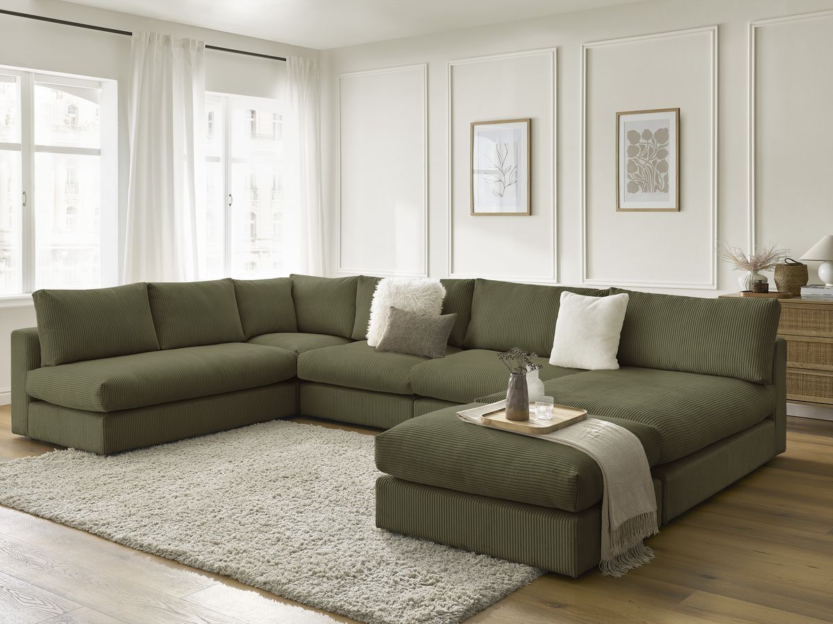 Canapé d'angle modulable PARIS velours côtelé avec 3 chauffeuses, 1 méridienne, 1 angle, et 1 pouf