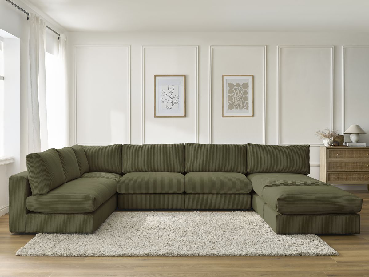 Canapé d'angle modulable PARIS velours côtelé avec 3 chauffeuses, 1 méridienne, 1 angle, et 1 pouf vert   BOBOCHIC 6 places - Vue supplémentaire 3