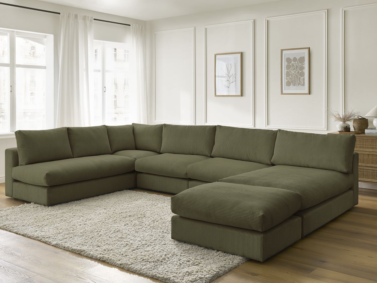 Canapé d'angle modulable PARIS velours côtelé avec 3 chauffeuses, 1 méridienne, 1 angle, et 1 pouf