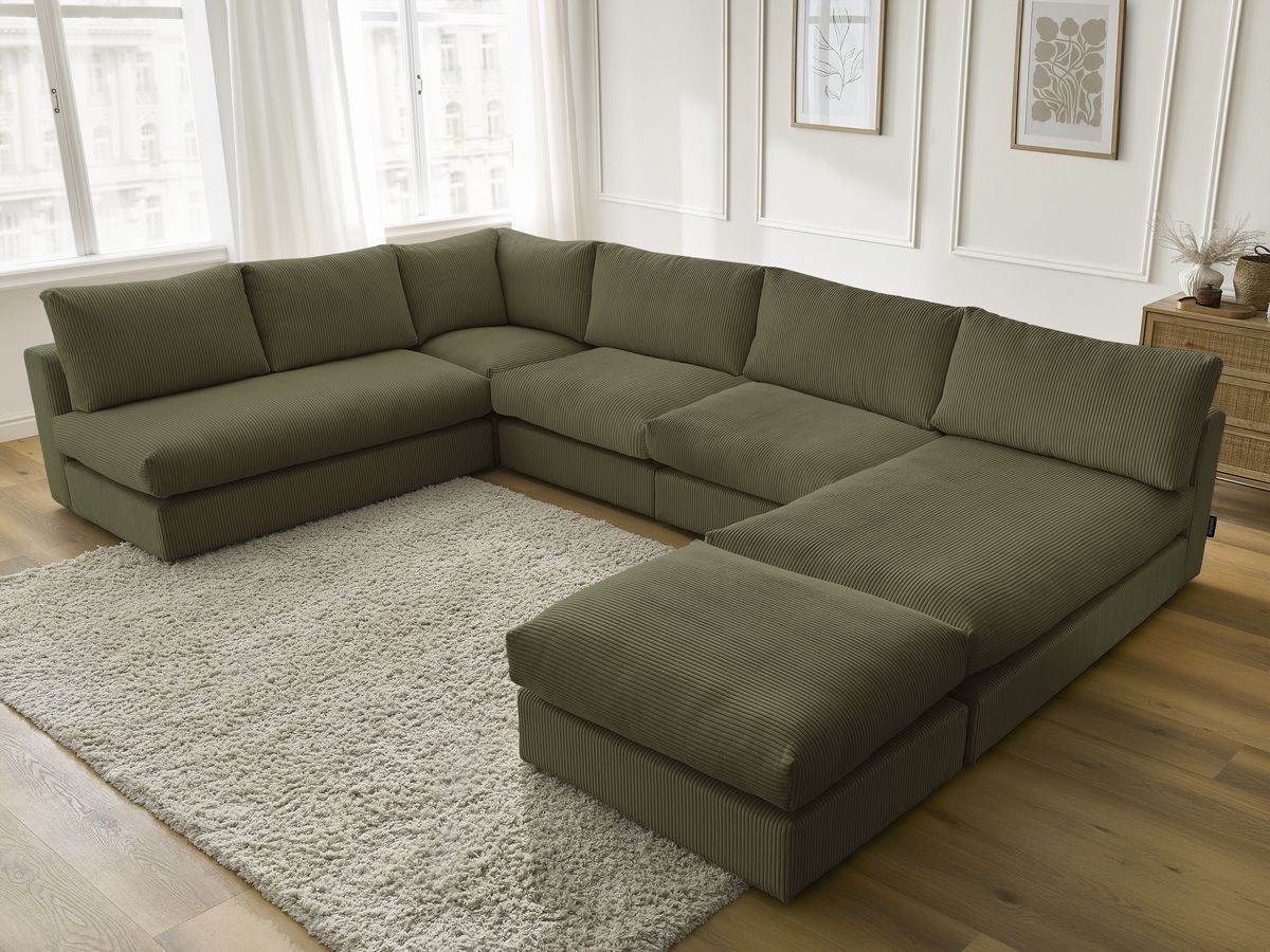 Canapé d'angle modulable PARIS velours côtelé avec 3 chauffeuses, 1 méridienne, 1 angle, et 1 pouf