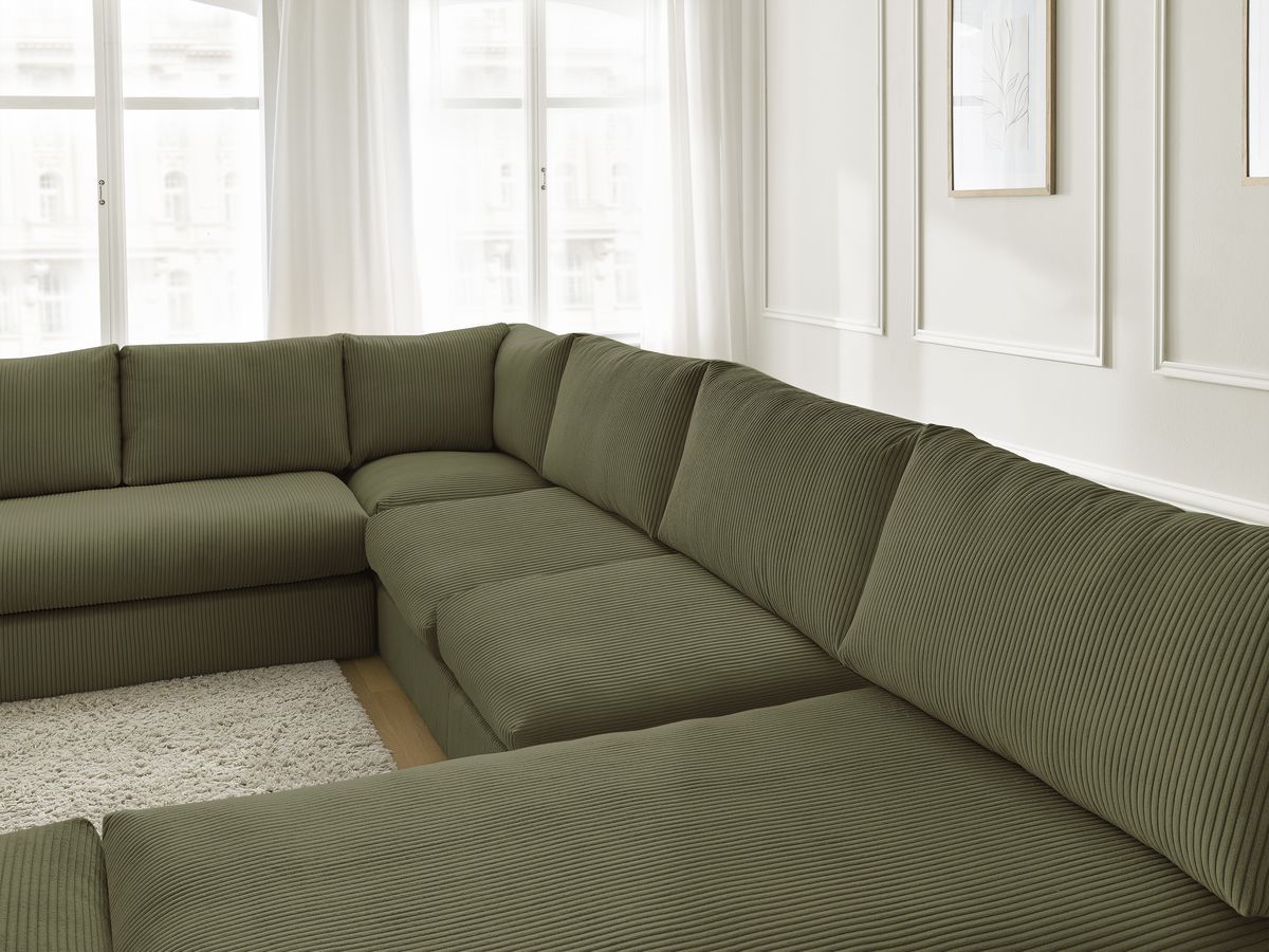 Canapé d'angle modulable PARIS velours côtelé avec 3 chauffeuses, 1 méridienne, 1 angle, et 1 pouf